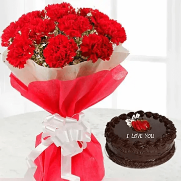 12 Red Carnations Bunch with 1 Kg Chocolate Cake