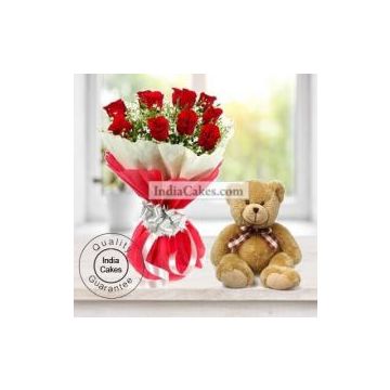 12 Red Roses Bunch And Cute 6 Inch Teddy