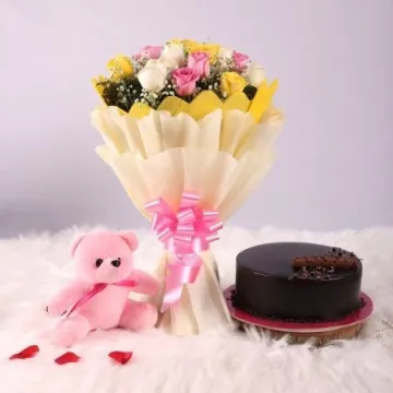 6 Elegant Flowers with Half Kg Cake and a Teddy
