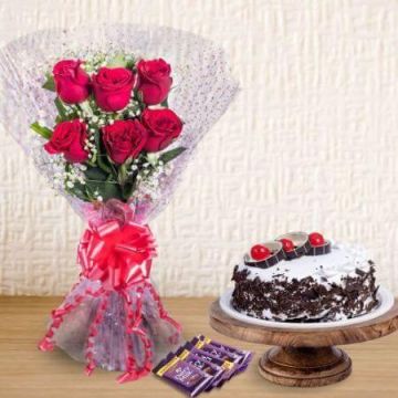 Black Forest Cake Half Kg with 6 Red Roses Bunch and 5 Chocolates
