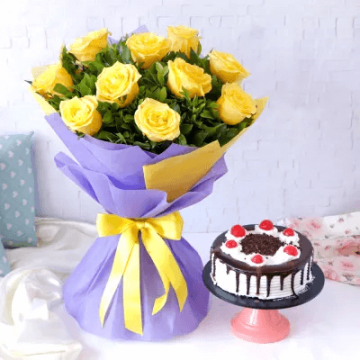 Black Forest Cake Half Kg with 6 Yellow Roses Bunch