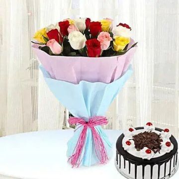 Black Forest Cake Half Kg with 6 Mix Roses Bunch