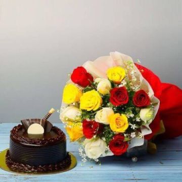 Chocolate Truffle Cake 1 Kg with 6 Mix Roses Bunch