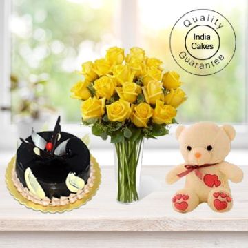 Chocolate Truffle Cake 1 Kg with 6 Yellow Roses Bunch and a Teddy Bear
