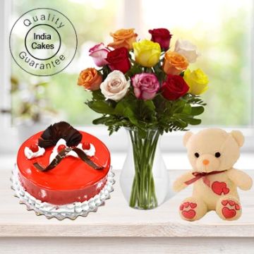Half Kg Strawberry Cake-6 Mix Roses Bunch-Teddy Bear