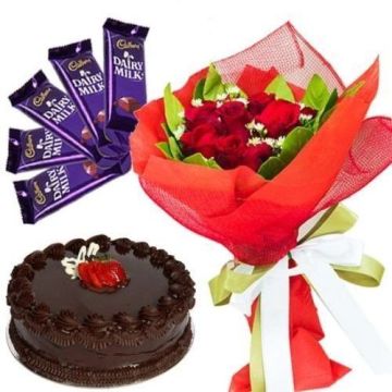 Eggless Chocolate Truffle Cake Half Kg with 6 Red Roses Bunch and 5 Chocolates