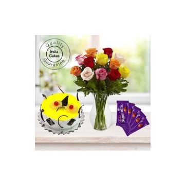 Eggless Pineapple Cake Half Kg with 6 Mix Roses Bunch and 5 Chocolates