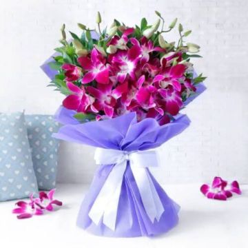 Elegant 3 Purple Orchids Ribbon Bouquet