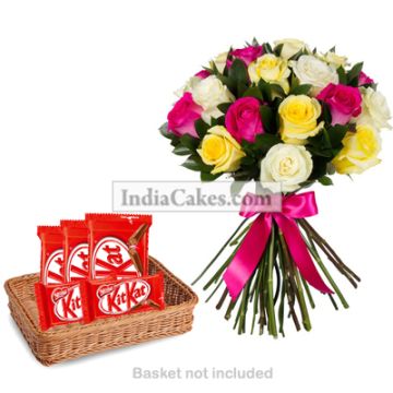 12 Mixed Roses Bunch And 5 Nestle KitKat