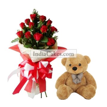 12 Red Roses Bunch And 12 Inch Big Teddy