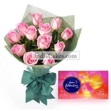 Bunch Of 12 Pink Roses And Cadbury Celebrations Chocolate Box