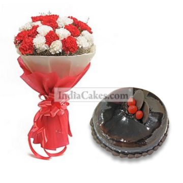 1 Kg Chocolate Cake with 12 Red and White Carnations Bunch