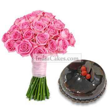 20 Pink Roses Bunch and 1 Kg Chocolate Cake