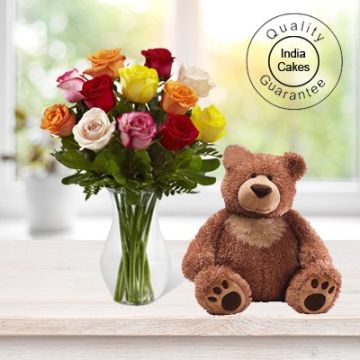 6 MIX FLOWERS WITH BIG TEDDY BEAR