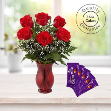 6 RED ROSES BUNCH WITH 5 ASSORTED CHOCOLATES @ RS10/- EACH