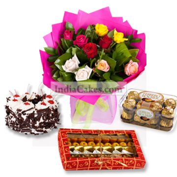 1/2 Kg Black Forest Cake 16 Pcs Ferero Rocher Chocolates 1/4 Kg Assorted Sweets 10 Mix Roses