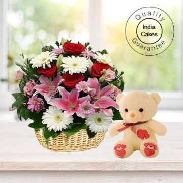 15 MIX ROSES IN BASKET WITH TEDDY BEAR