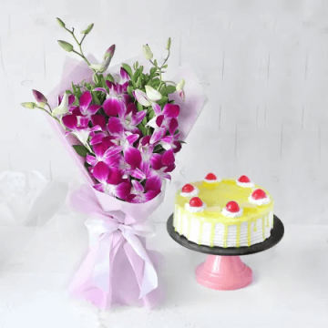 10 Pink Orchids with 1 Kg Pineapple Cake
