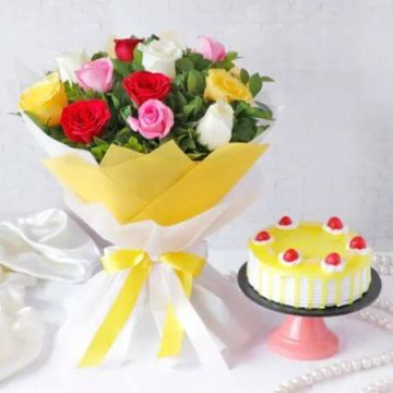 Pineapple Cake 1 Kg with 6 Mix Roses Bunch