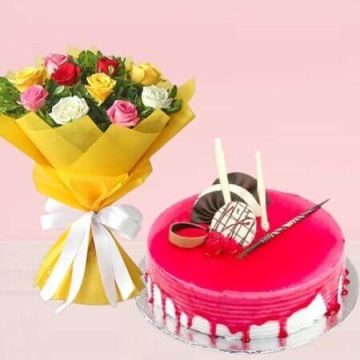 Strawberry Cake 1 Kg with 6 Mix Roses Bunch