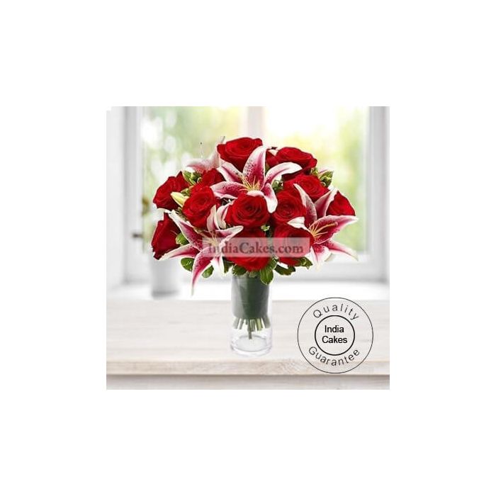 12 RED ROSE AND RED LILLIES BUNCH