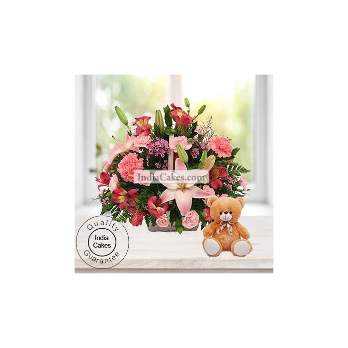 4 Lilies and 15 Carnations Arranged in Basket With a Cute Teddy