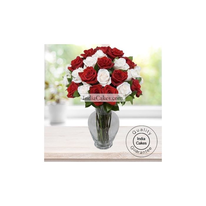 50 Red and White Roses With Vase