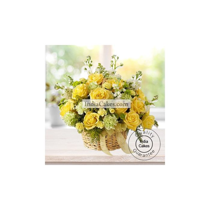 Arrangement of Yellow Roses and Yellow Carnations