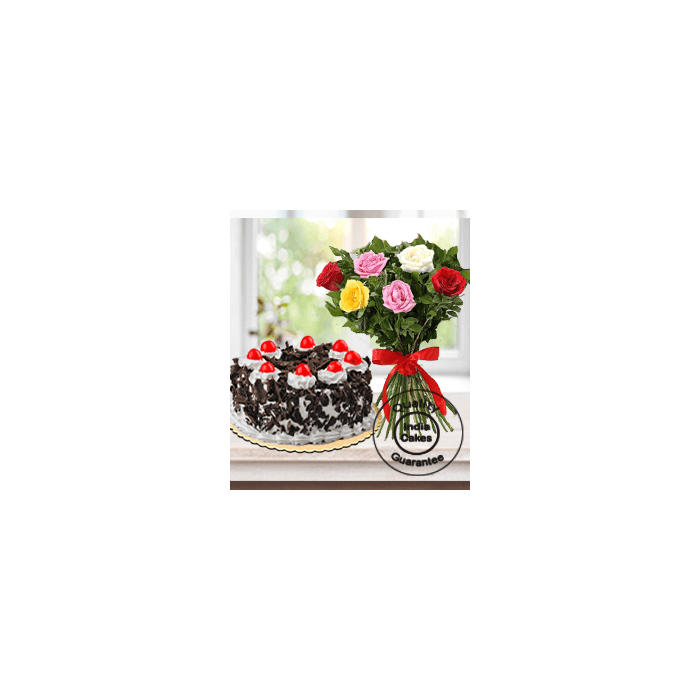 EGGLESS BLACK FOREST CAKE HALF KG WITH 6 MIX ROSES BUNCH