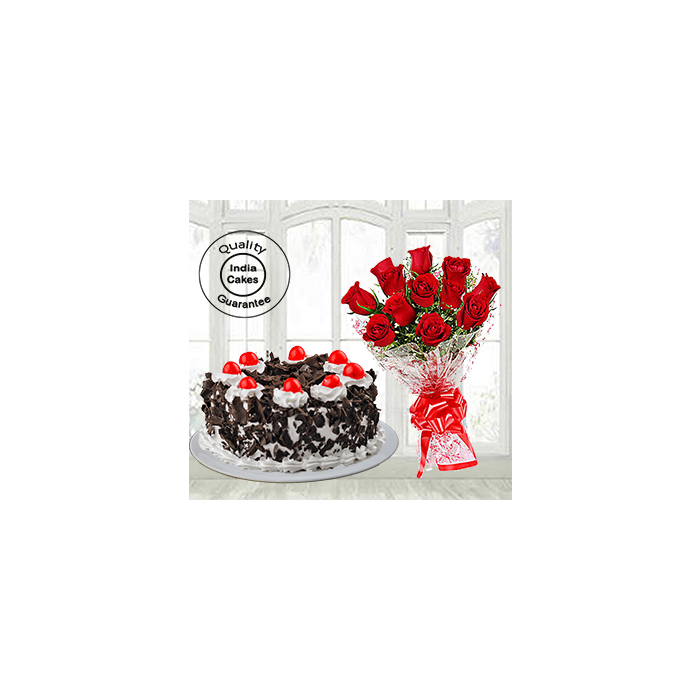 Half Kg Black Forest Cake with 12 Red Roses
