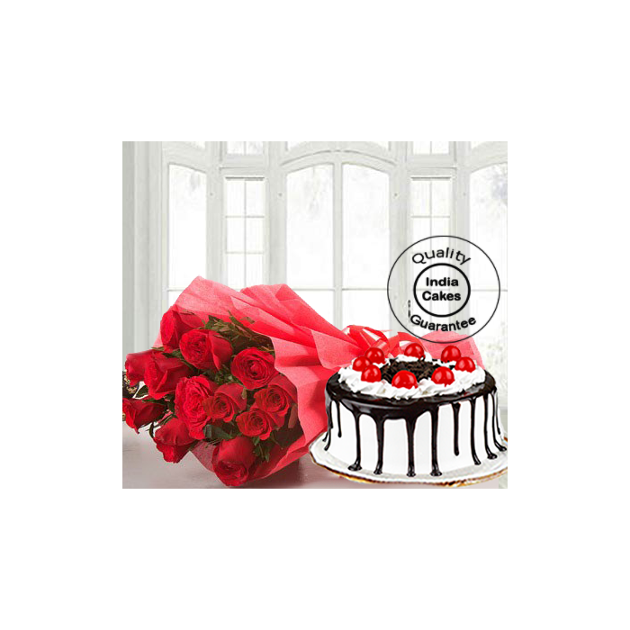 Half Kg Black Forest Gel Cake with 12 Red Roses
