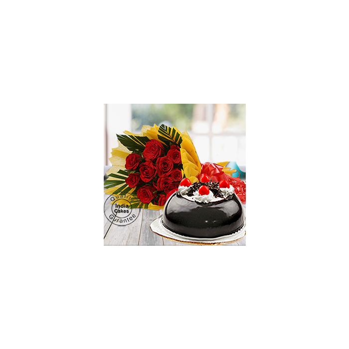 Half Kg Black Forest Gel Dome Cake with 12 Red Roses 