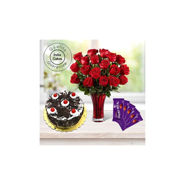 1 Kg Black Forest Cake-6 Red Roses Bunch-5 Chocolates