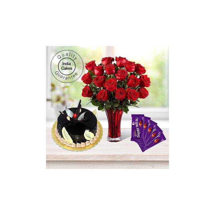 1.5 Kg Chocolate Truffle -6 Red Roses Bunch-5 Chocolates