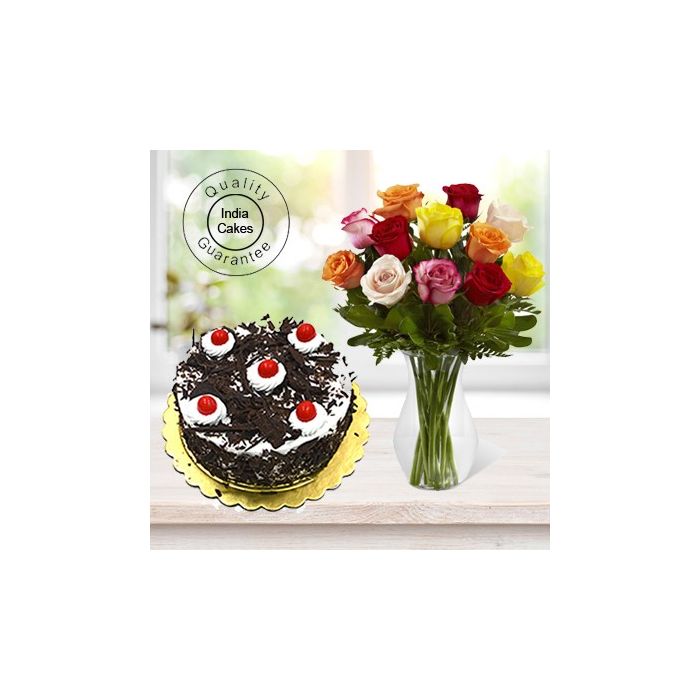 1 Kg Black Forest Cake with 12 Mix Roses Bunch