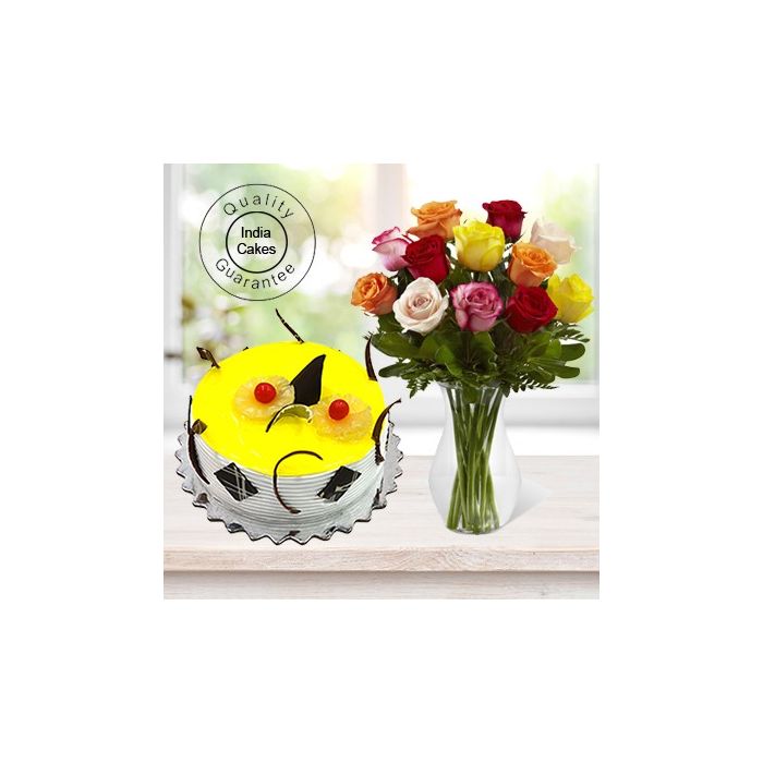 Eggless Pineapple Cake 1 Kg with 12 Mix Roses Bunch