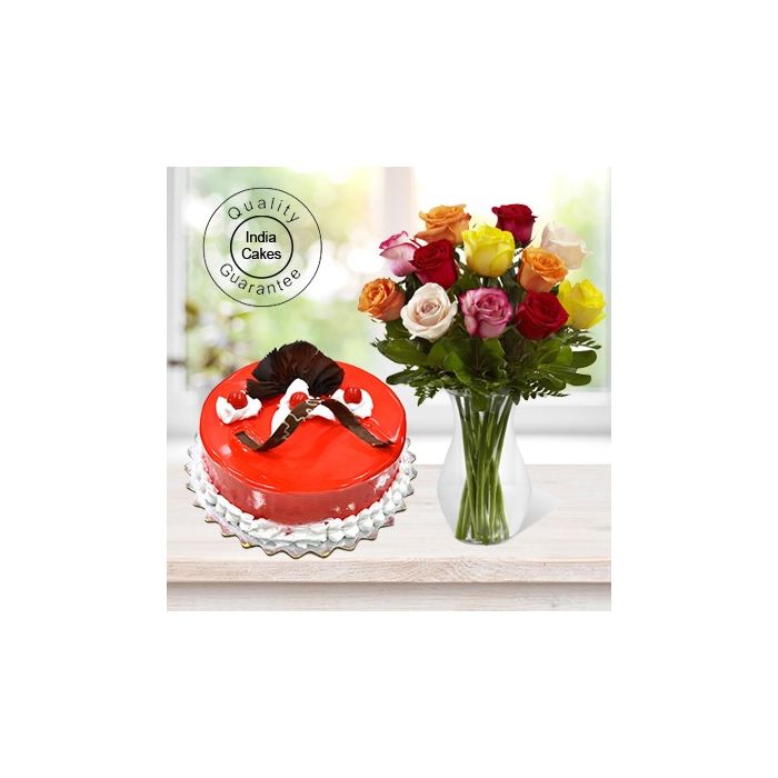 Eggless Strawberry Cake 1 Kg with 12 Mix Roses Bunch