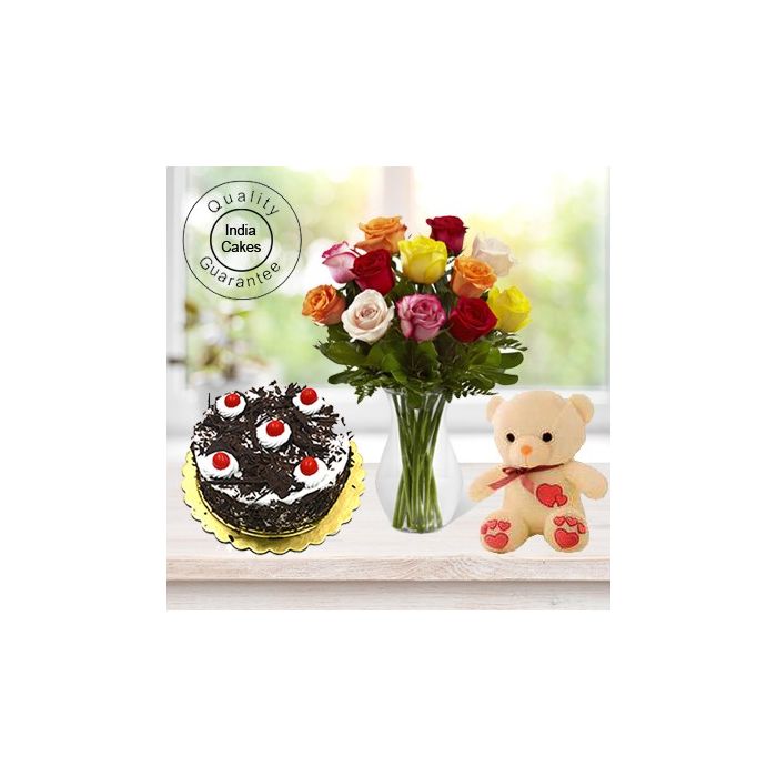 Eggless Black Forest Cake 1.5 Kg with 6 Mix Roses Bunch and a Teddy Bear