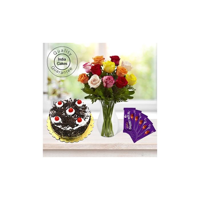 1 Kg Black Forest Cake-6 Mix Roses Bunch-5 Chocolates