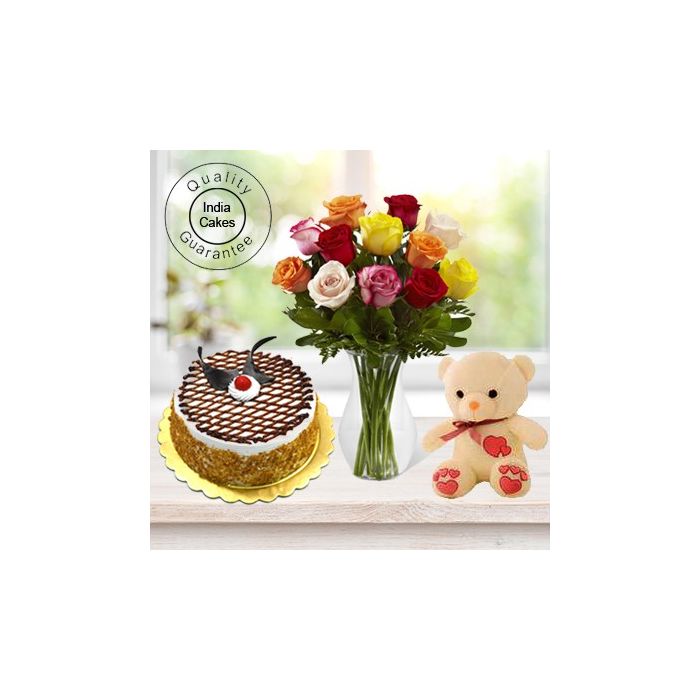 Eggless Butterscotch Cake 1 Kg with 6 Mix Roses Bunch and a Teddy Bear
