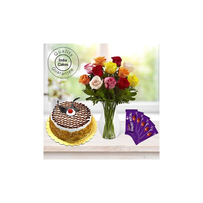 Eggless Butterscotch Cake Half Kg with 6 Mix Roses Bunch and 5 Chocolates