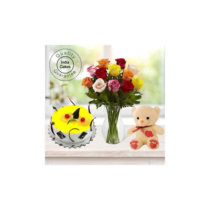 1.5 Kg Pineapple Cake-6 Mix Roses Bunch-Teddy Bear