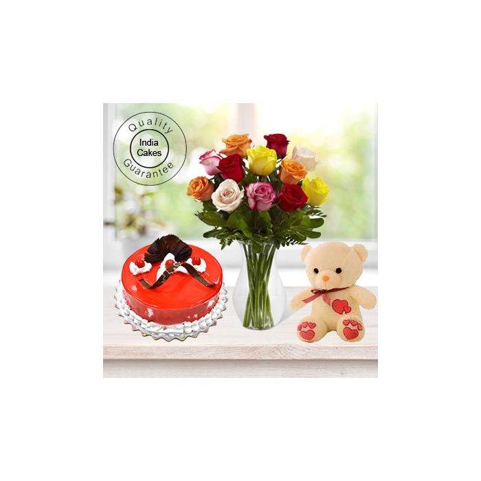 Eggless Strawberry Cake Half Kg with 6 Mix Roses Bunch and a Teddy Bear