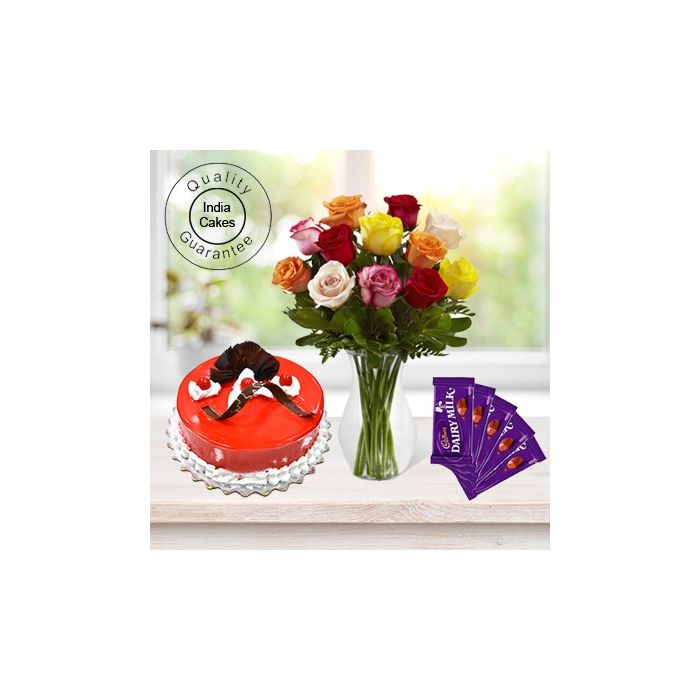 Eggless Strawberry Cake Half Kg with 6 Mix Roses Bunch and 5 Chocolates