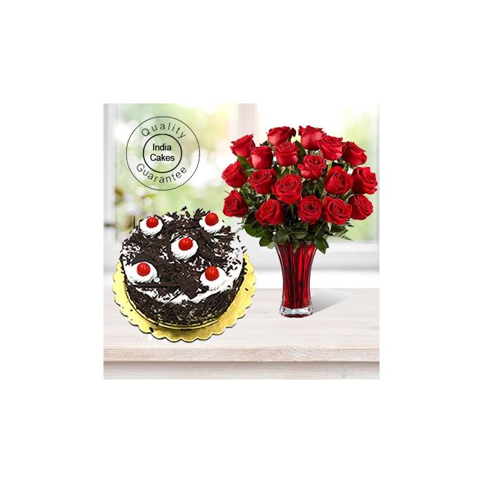 1 Kg Black Forest Cake with 6 Red Roses Bunch