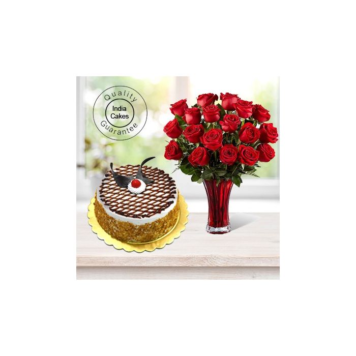 Eggless Butterscotch Cake Half Kg with 6 Red Roses Bunch