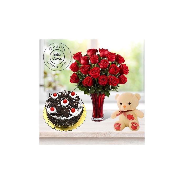 Eggless Black Forest Cake 1.5 Kg with 6 Red Roses Bunch and a Teddy Bear