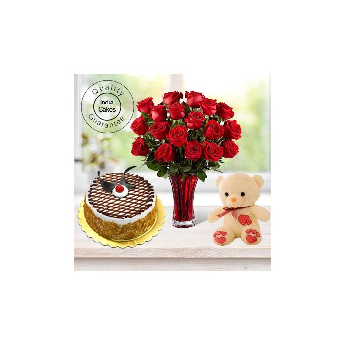Eggless Butterscotch Cake 1.5 Kg with 6 Red Roses Bunch and a Teddy Bear