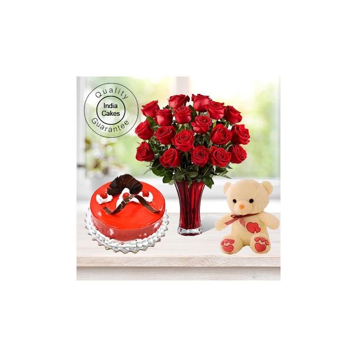 Eggless Strawberry Cake 1 Kg with 6 Red Roses Bunch and a Teddy Bear