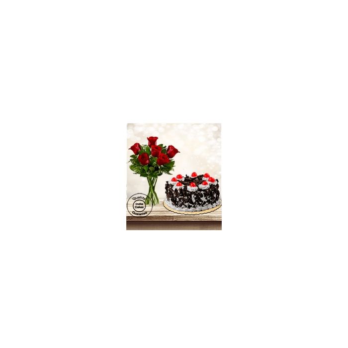 Eggless Black Forest Cake Half Kg with 6 Red Roses Bunch